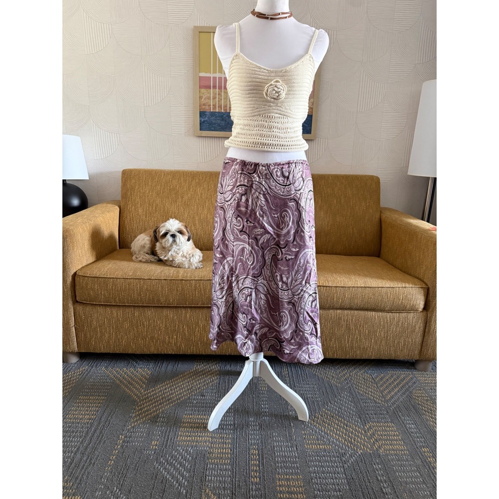Mixit Silk Paisley Midi Skirt Purple Mauve Lined Elastic Waist Large